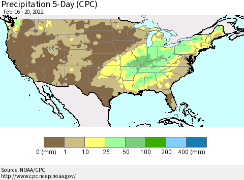 United States Precipitation 5-Day (CPC) Thematic Map For 2/16/2022 - 2/20/2022
