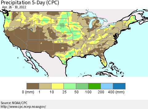 United States Precipitation 5-Day (CPC) Thematic Map For 4/26/2022 - 4/30/2022