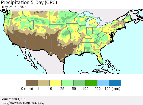 United States Precipitation 5-Day (CPC) Thematic Map For 5/26/2022 - 5/31/2022