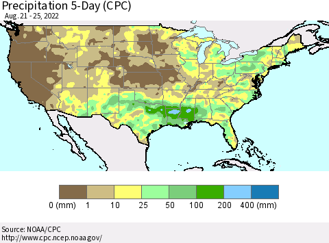 United States Precipitation 5-Day (CPC) Thematic Map For 8/21/2022 - 8/25/2022