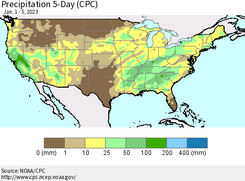 United States Precipitation 5-Day (CPC) Thematic Map For 1/1/2023 - 1/5/2023