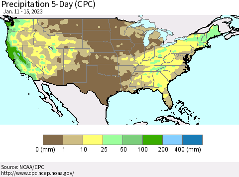 United States Precipitation 5-Day (CPC) Thematic Map For 1/11/2023 - 1/15/2023