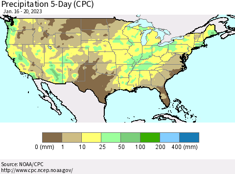 United States Precipitation 5-Day (CPC) Thematic Map For 1/16/2023 - 1/20/2023
