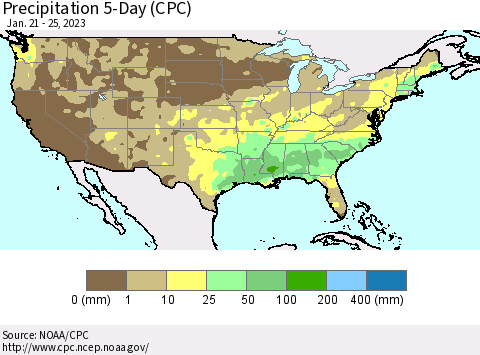 United States Precipitation 5-Day (CPC) Thematic Map For 1/21/2023 - 1/25/2023