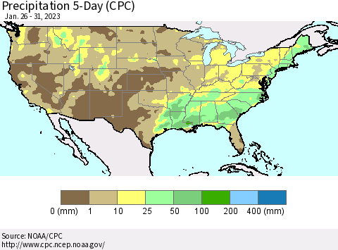 United States Precipitation 5-Day (CPC) Thematic Map For 1/26/2023 - 1/31/2023