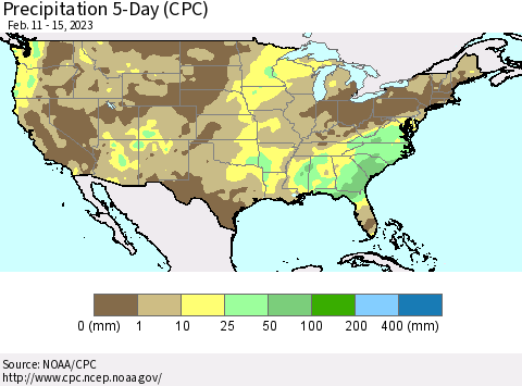 United States Precipitation 5-Day (CPC) Thematic Map For 2/11/2023 - 2/15/2023