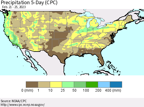 United States Precipitation 5-Day (CPC) Thematic Map For 2/21/2023 - 2/25/2023