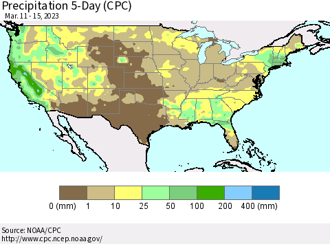 United States Precipitation 5-Day (CPC) Thematic Map For 3/11/2023 - 3/15/2023