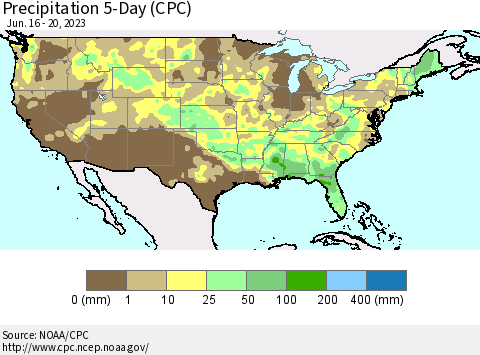 United States Precipitation 5-Day (CPC) Thematic Map For 6/16/2023 - 6/20/2023