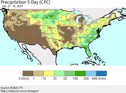 United States Precipitation 5-Day (CPC) Thematic Map For 6/21/2023 - 6/25/2023