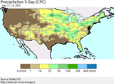 United States Precipitation 5-Day (CPC) Thematic Map For 8/11/2023 - 8/15/2023