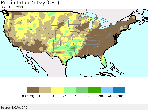 United States Precipitation 5-Day (CPC) Thematic Map For 10/1/2023 - 10/5/2023