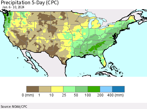 United States Precipitation 5-Day (CPC) Thematic Map For 1/6/2024 - 1/10/2024