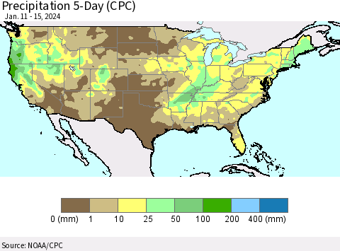 United States Precipitation 5-Day (CPC) Thematic Map For 1/11/2024 - 1/15/2024