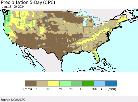 United States Precipitation 5-Day (CPC) Thematic Map For 1/16/2024 - 1/20/2024