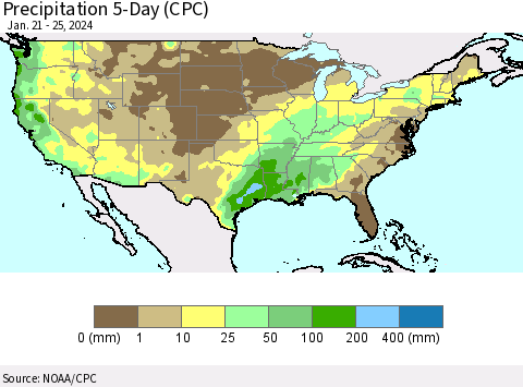 United States Precipitation 5-Day (CPC) Thematic Map For 1/21/2024 - 1/25/2024