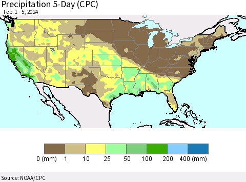 United States Precipitation 5-Day (CPC) Thematic Map For 2/1/2024 - 2/5/2024