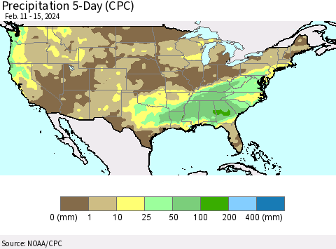 United States Precipitation 5-Day (CPC) Thematic Map For 2/11/2024 - 2/15/2024