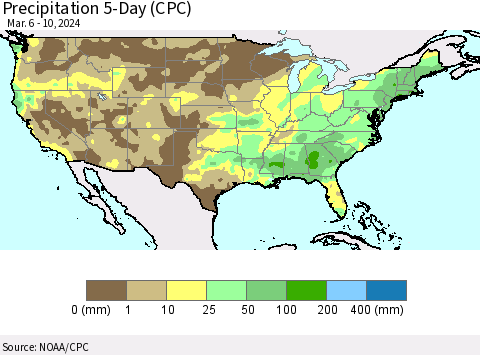 United States Precipitation 5-Day (CPC) Thematic Map For 3/6/2024 - 3/10/2024