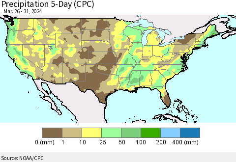 United States Precipitation 5-Day (CPC) Thematic Map For 3/26/2024 - 3/31/2024