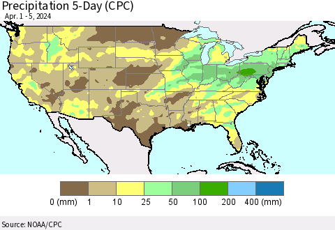 United States Precipitation 5-Day (CPC) Thematic Map For 4/1/2024 - 4/5/2024