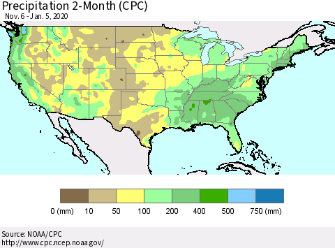 United States Precipitation 2-Month (CPC) Thematic Map For 11/6/2019 - 1/5/2020