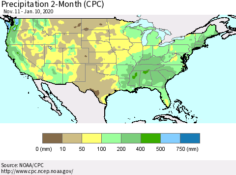 United States Precipitation 2-Month (CPC) Thematic Map For 11/11/2019 - 1/10/2020