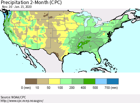 United States Precipitation 2-Month (CPC) Thematic Map For 11/16/2019 - 1/15/2020