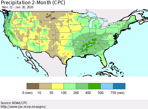 United States Precipitation 2-Month (CPC) Thematic Map For 11/21/2019 - 1/20/2020