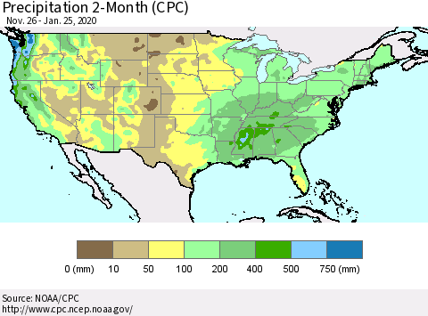 United States Precipitation 2-Month (CPC) Thematic Map For 11/26/2019 - 1/25/2020