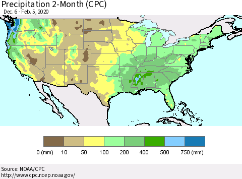 United States Precipitation 2-Month (CPC) Thematic Map For 12/6/2019 - 2/5/2020