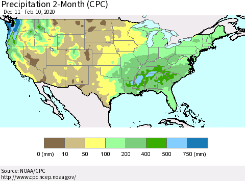 United States Precipitation 2-Month (CPC) Thematic Map For 12/11/2019 - 2/10/2020