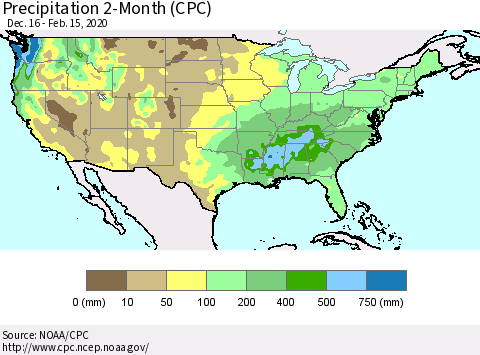 United States Precipitation 2-Month (CPC) Thematic Map For 12/16/2019 - 2/15/2020