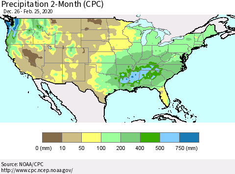 United States Precipitation 2-Month (CPC) Thematic Map For 12/26/2019 - 2/25/2020