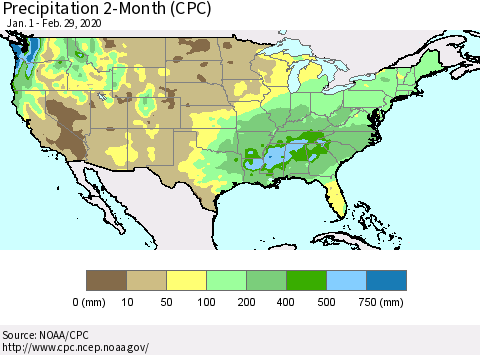 United States Precipitation 2-Month (CPC) Thematic Map For 1/1/2020 - 2/29/2020