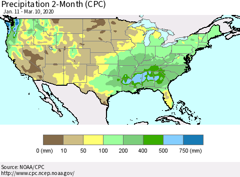 United States Precipitation 2-Month (CPC) Thematic Map For 1/11/2020 - 3/10/2020