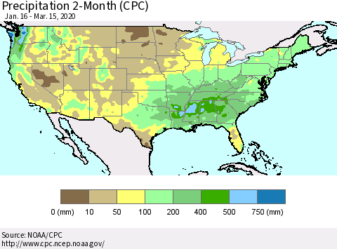 United States Precipitation 2-Month (CPC) Thematic Map For 1/16/2020 - 3/15/2020