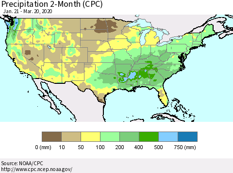 United States Precipitation 2-Month (CPC) Thematic Map For 1/21/2020 - 3/20/2020