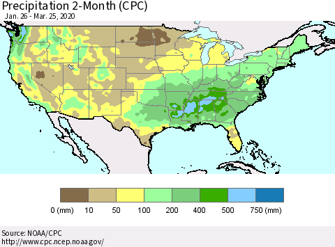 United States Precipitation 2-Month (CPC) Thematic Map For 1/26/2020 - 3/25/2020