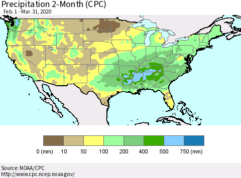 United States Precipitation 2-Month (CPC) Thematic Map For 2/1/2020 - 3/31/2020