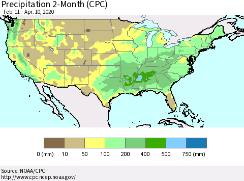 United States Precipitation 2-Month (CPC) Thematic Map For 2/11/2020 - 4/10/2020
