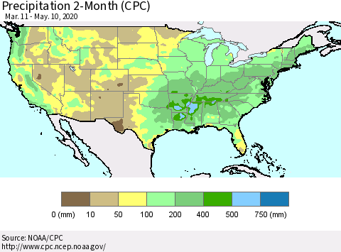 United States Precipitation 2-Month (CPC) Thematic Map For 3/11/2020 - 5/10/2020
