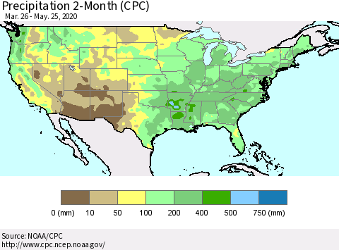 United States Precipitation 2-Month (CPC) Thematic Map For 3/26/2020 - 5/25/2020