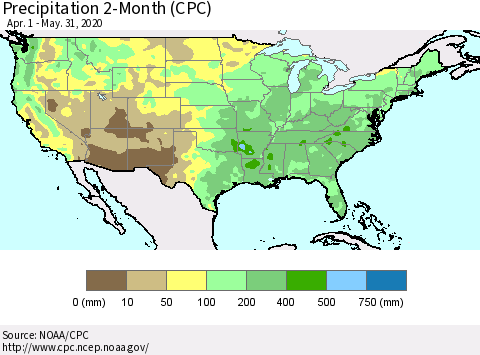 United States Precipitation 2-Month (CPC) Thematic Map For 4/1/2020 - 5/31/2020
