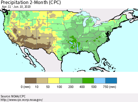 United States Precipitation 2-Month (CPC) Thematic Map For 4/11/2020 - 6/10/2020