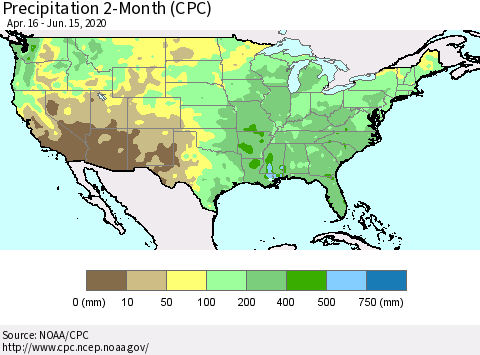 United States Precipitation 2-Month (CPC) Thematic Map For 4/16/2020 - 6/15/2020