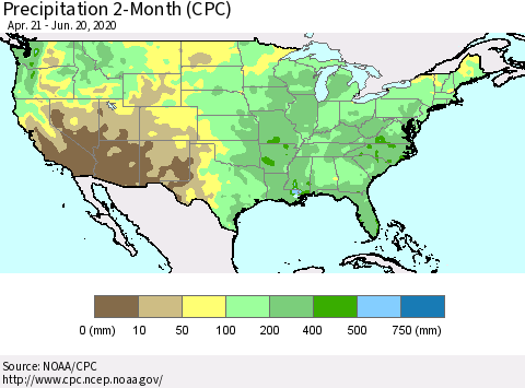 United States Precipitation 2-Month (CPC) Thematic Map For 4/21/2020 - 6/20/2020