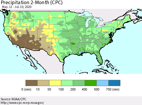 United States Precipitation 2-Month (CPC) Thematic Map For 5/11/2020 - 7/10/2020