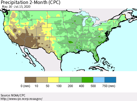 United States Precipitation 2-Month (CPC) Thematic Map For 5/16/2020 - 7/15/2020