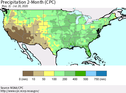 United States Precipitation 2-Month (CPC) Thematic Map For 5/21/2020 - 7/20/2020